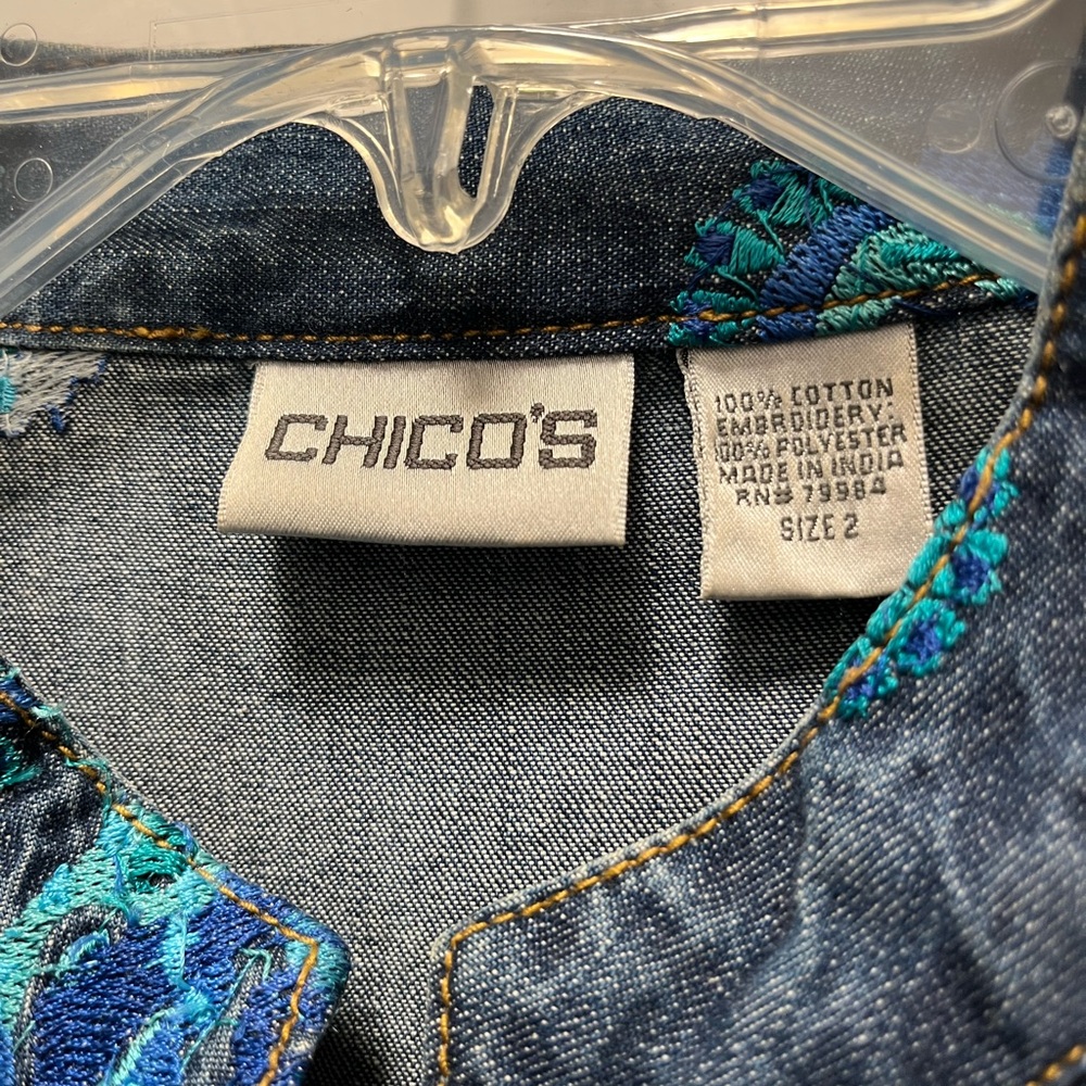 Chico's Dark Denim Jacket with Teal & Blue Embroidery - Picture 2 of 4